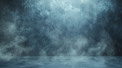 A blue textured backdrop with smoke or fog effect and a reflective surface in the foreground