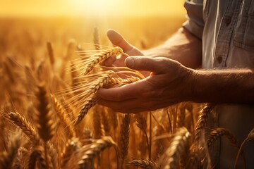 Farmer hand touching wheat field at sunset, close up.