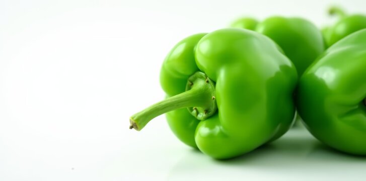 Close-up of fresh green bell pepper on white background, food, natural, vibrant