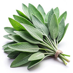 Fresh bunch of sage leaves on white plate