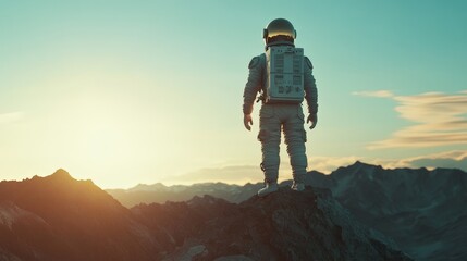 Astronaut Standing on an Alien Planet with a Sun Rising Over the Horizon