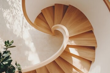 A top view of a modern building's spiral staircase, composed of wood and white stone, exemplifies the golden ratio concept in its indoor architectural design