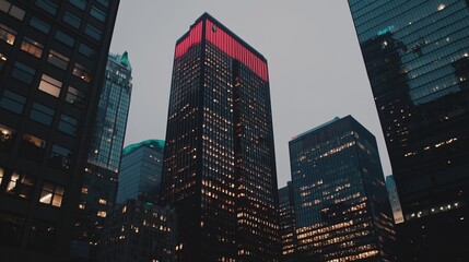 The city at night is characterized by illuminated skyscrapers and buildings