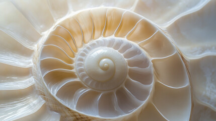 Obraz premium A close-up of the interior spiral of an isolated Nautilus shell, showcasing its intricate natural patterns and smooth, curved texture