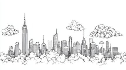Obraz premium Line drawing of a futuristic city skyline for colouring
