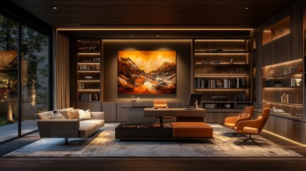 Fototapeta premium Modern home office interior with dark wood furniture, a large abstract painting, and warm lighting. Features a comfortable seating area with a couch and armchairs.