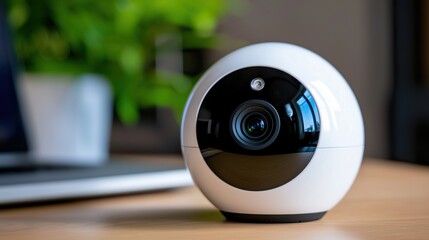 A sleek, modern security camera sits on a wooden surface, with a blurred background of greenery and a laptop, showcasing advanced technology in home monitoring.