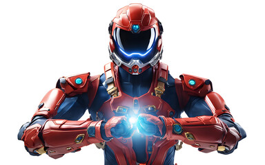 Cosmic ranger equipped with gravity-defying boots and a multi-functional wrist device, isolated on a empty plain background