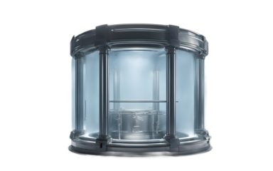 Cryogenic stasis chamber with frost-covered glass, isolated on a empty plain background