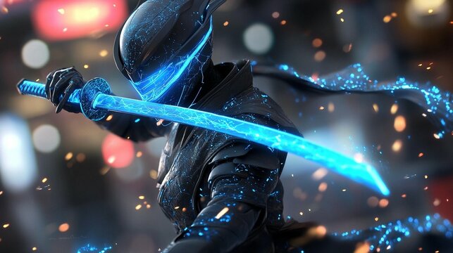 Fototapeta Futuristic Ninja in City Action