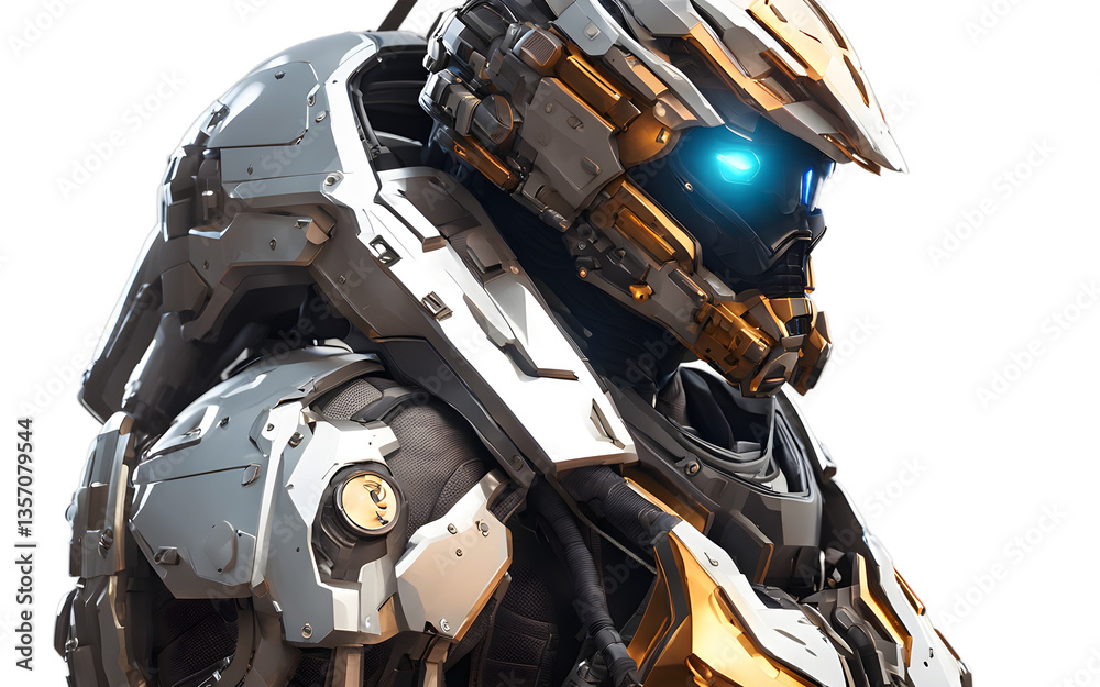 Poster cybernetic bounty hunter with a sleek armored exosuit and glowing visor, isolated on a empty plain b