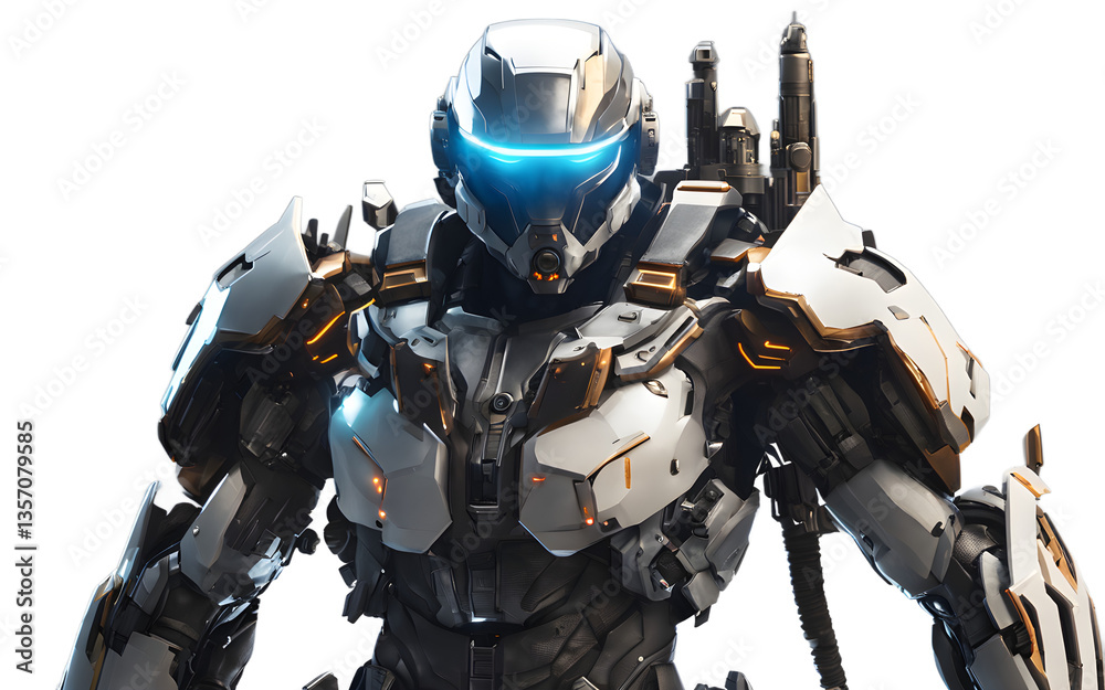 Poster cybernetic bounty hunter with a sleek armored exosuit and glowing visor, isolated on a empty plain b