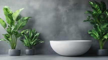 Modern bathroom interior design with a white bathtub, lush green plants, and a textured gray wall. The minimalist style creates a serene atmosphere.