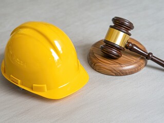 A yellow hard hat sits next to a wooden gavel on a round base, symbolizing construction and legal professions.
