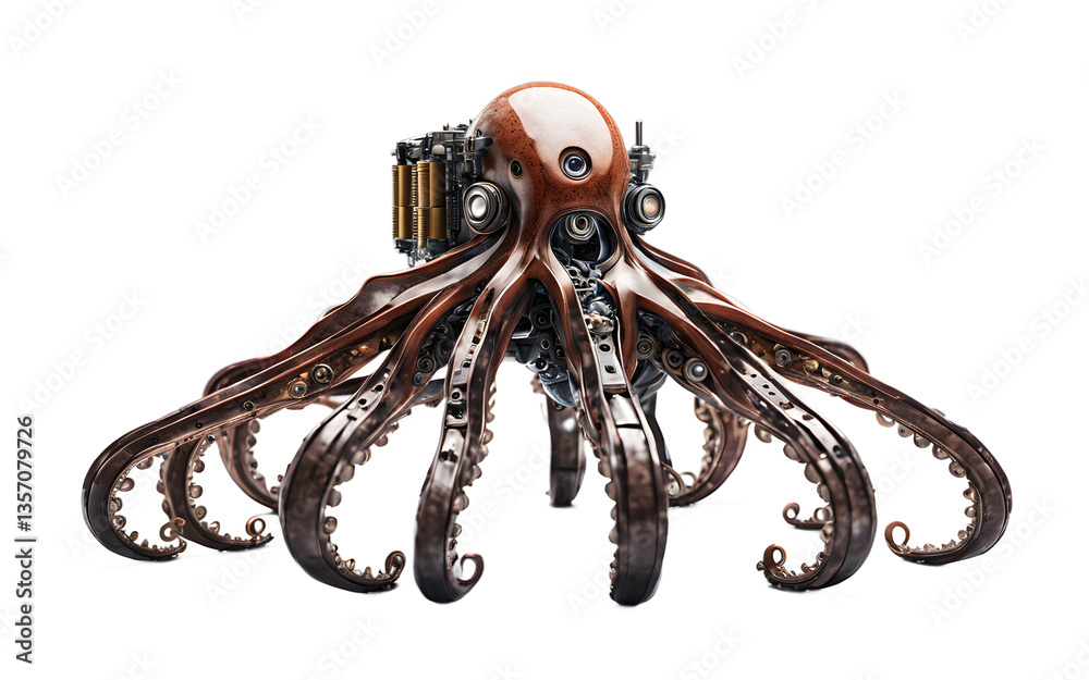 Poster Cybernetic octopus with mechanical tentacles and AI intelligence, isolated on a empty plain background