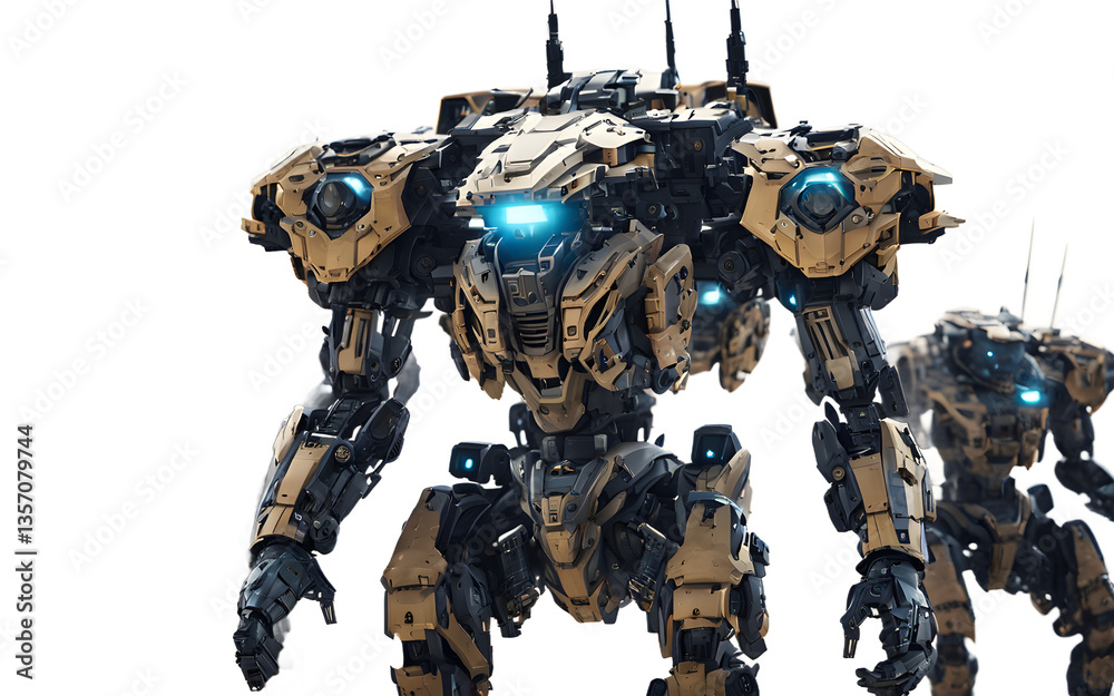 Poster cybernetic warlord with reinforced mech-armor and an army of drone soldiers, isolated on a empty pla