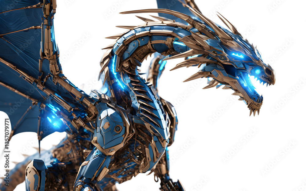 Poster cybernetic dragon with glowing blue circuits and metallic wings, isolated on a empty plain backgroun