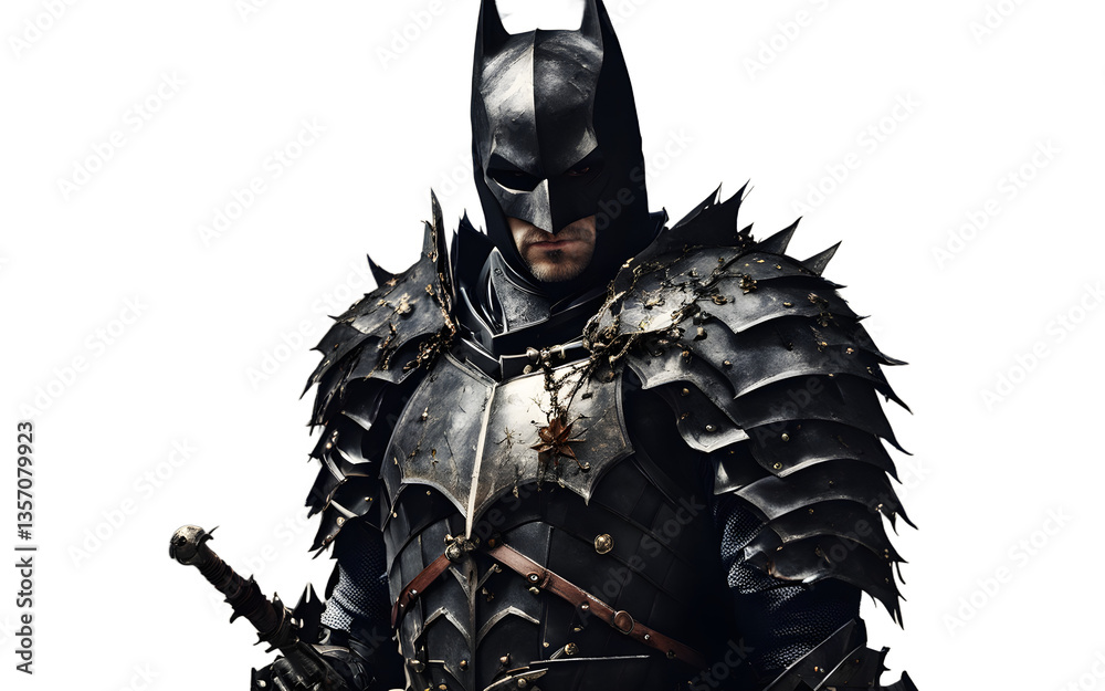 Poster Dark knight in cursed armor with a cracked greatsword, isolated on a empty plain background