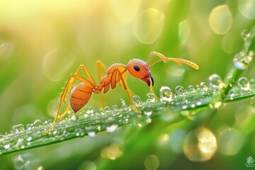 Naklejka premium An orange ant with droplets of water on a green blade