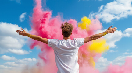 A man in a white t-shirt with his arms outstretched, a colorful powder cloud behind him, pink and yellow smoke around his body, against a blue sky background, shot from the back vi