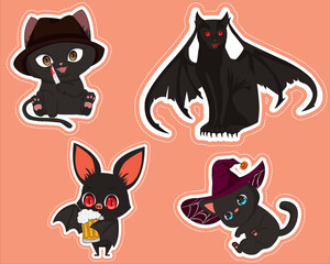 Halloween Sticker Black Cat And Bat Set of 4 Vector Art