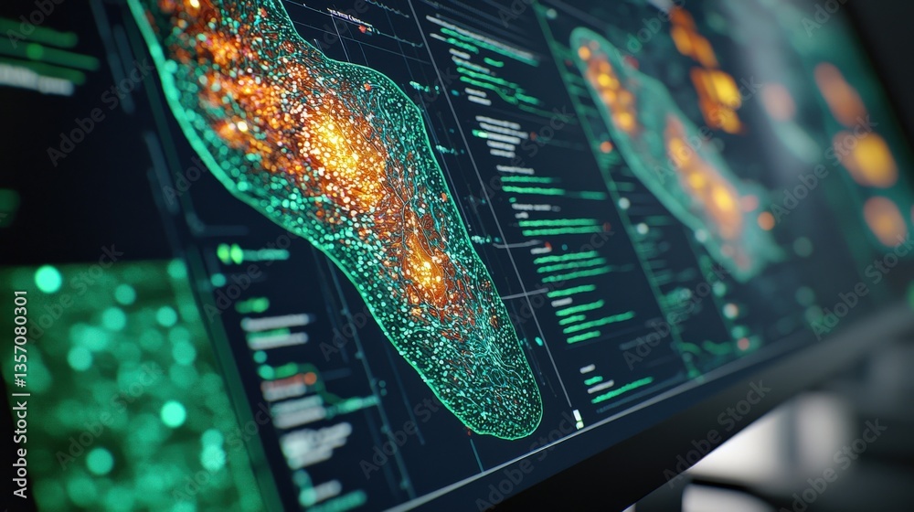 Poster futuristic data visualization on computer screen with bright colors