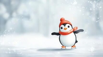 Obraz premium Adorable Cartoon Penguin Ice Skating in Snowy Winter Wonderland