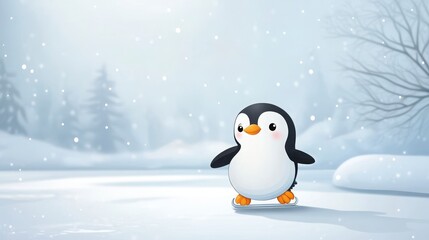 Adorable Cartoon Penguin Ice Skating in Snowy Winter Wonderland