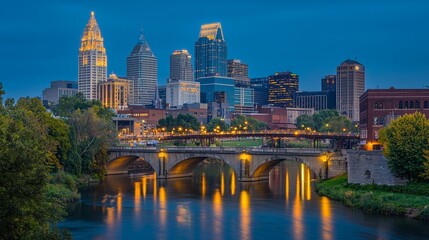 Obraz premium The cityscape at night features a river with reflections and an illuminated bridge