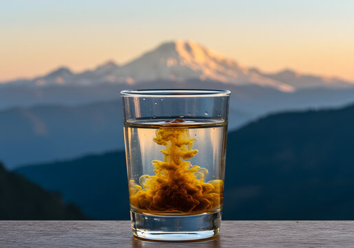 Artistic view of Shilajit dissolving in warm water glowing amber with a serene Himalayan mountain background
