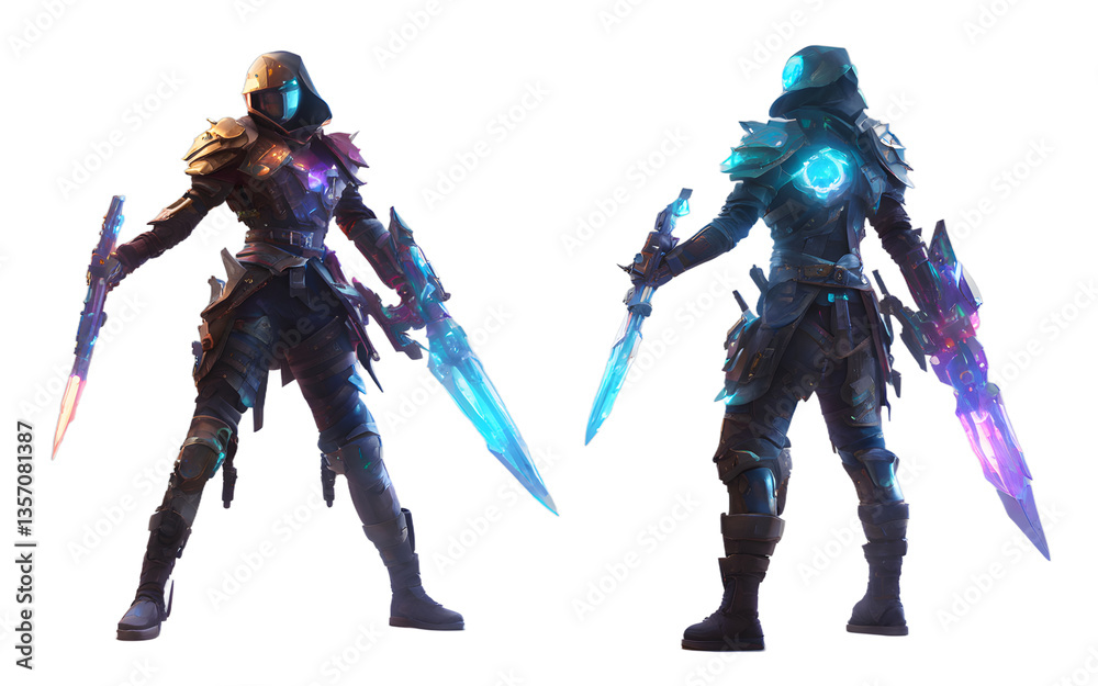 Poster Holographic rogue with a shifting pixelated body and dual plasma daggers, isolated on a empty plain background