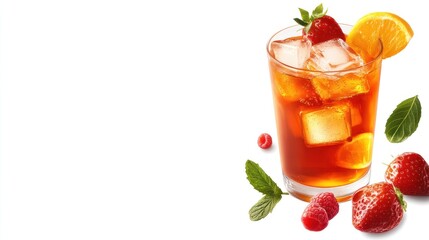Iced tea with strawberries, raspberries, orange and mint in a glass on white background.
