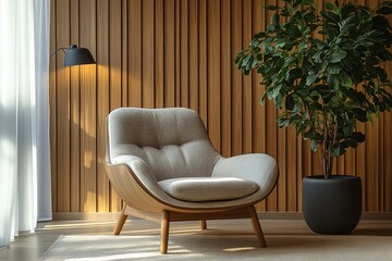 a modern chair next to a leafy green plant and a wall mounted lamp, with wood paneling wall. Creating a cozy and inviting atmosphere