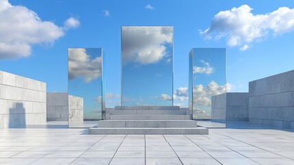 Fototapeta premium An empty concrete floor is shown in a 3D render of abstract and futuristic glass architectural design