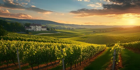 Fototapeta premium Green field with rows of vines for harvesting. Ripe grapes for the production of fine wines. AI generative image