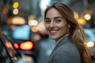 Obraz premium Businesswoman smiling and hailing a taxi in a bustling city street
