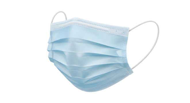 Light Blue Disposable Face Mask Against Isolated Background for Healthcare and Safety