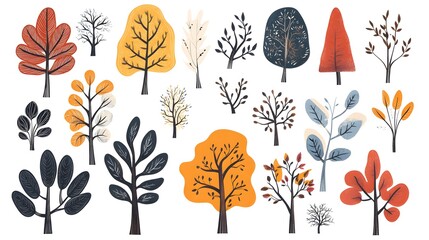 Collection of Diverse Tree Silhouettes in Abstract Colorful Patterns for Design Projects