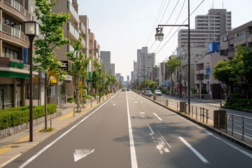 This city street is notable for its quiet atmosphere, trees, power lines, and a nearby overpass