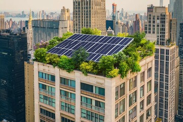 Eco-friendly high-rise building with integrated solar panels in an urban landscape