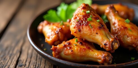 Close up of flavorful grilled chicken wings on rustic wood surface, flavorful, delicious