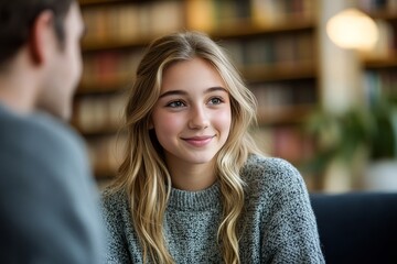 a young woman, engaged in conversation, shows a lovely face expression and smile. The background is a blurry library with rows of books