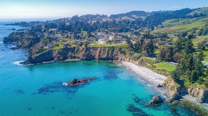 Aerial View of Mendocino Coastline, California: Turquoise Waters, Coastal Cliffs, and Lush Greenery