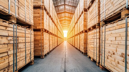 A sunlit warehouse lined with wooden crates, creating a symmetrical perspective down the aisle, embodying industry and storage efficiency.