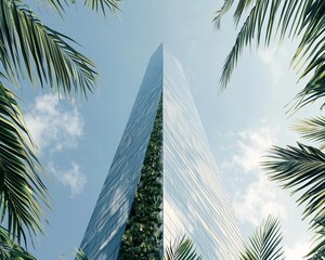 Fototapeta premium A ground-up perspective of a sustainable building incorporating glass walls and an abundance of green plants, embodying modern urbanism