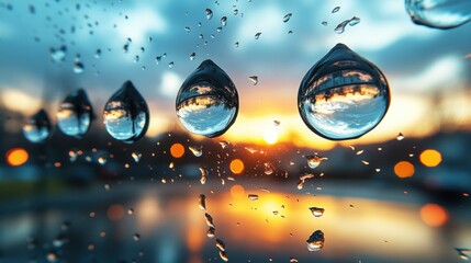 Rain drops reflecting sunset city view