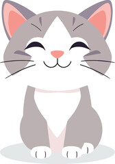 Smiling Cartoon Kitten &ndash; Cute Grey Cat with Closed Eyes Vector Illustration