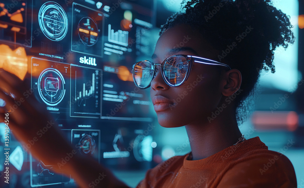 Aufkleber engaged in her work, a young woman with glasses touches a glowing digital interface filled with grap