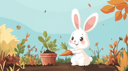 Adorable White Rabbit Harvesting Carrots In Autumn Garden