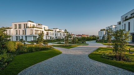 Fototapeta premium Modern apartments featuring white facades are linked by a straight pathway